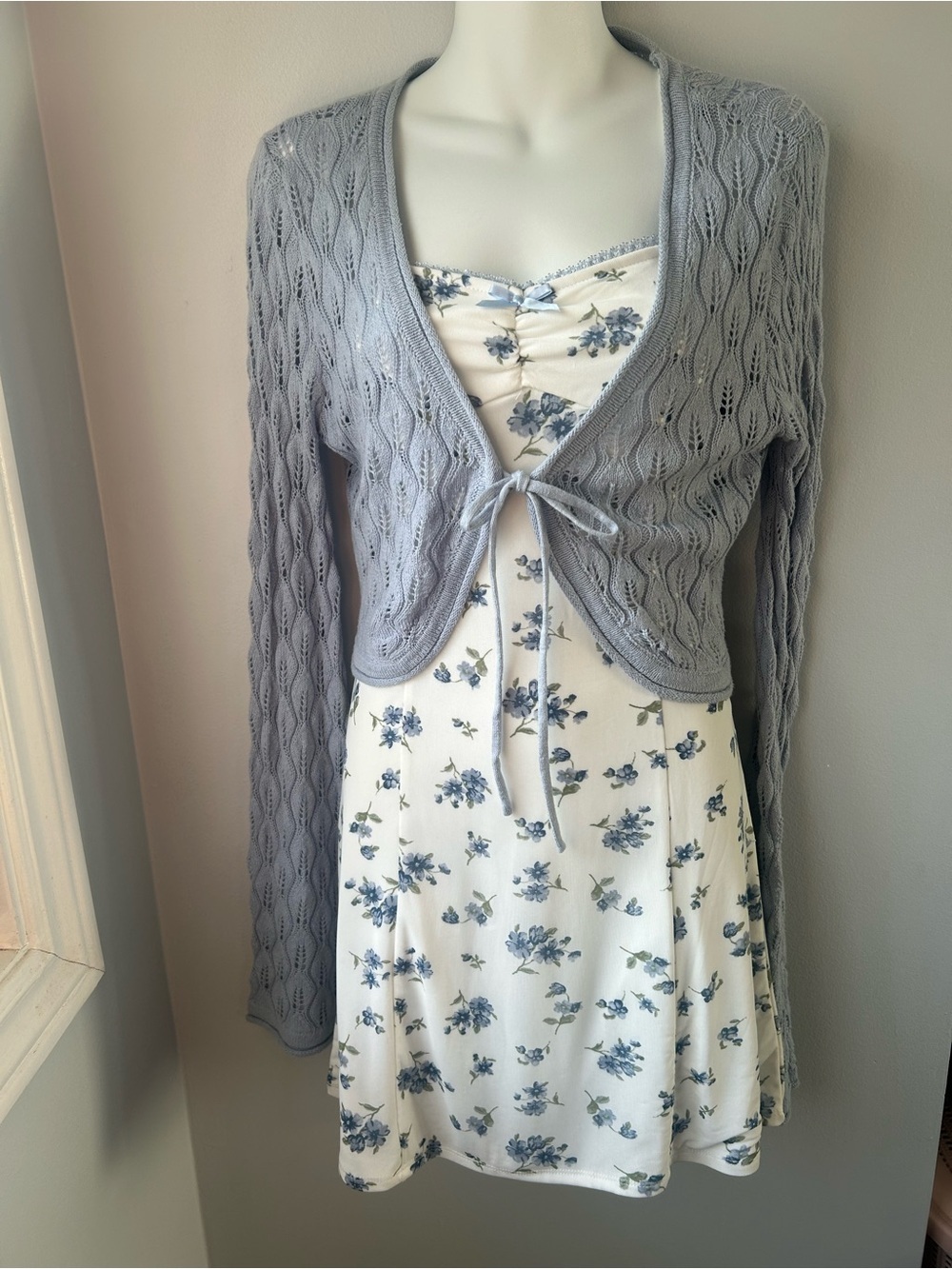 NEW Light Blue Tie-Front Cardigan & Mini Dress Set Cottagecore